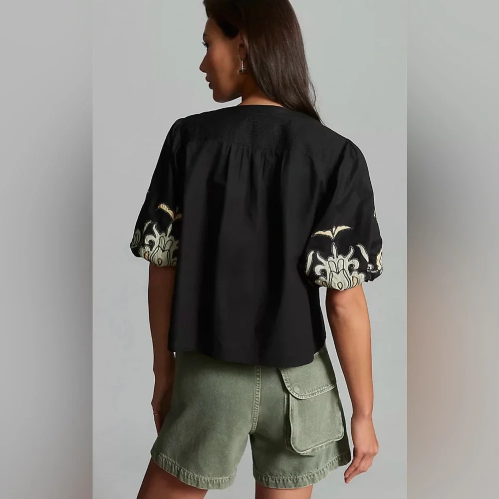 Anthropologie puff sleeve Embroidered Black Top sz LP - Picture 3 of 9